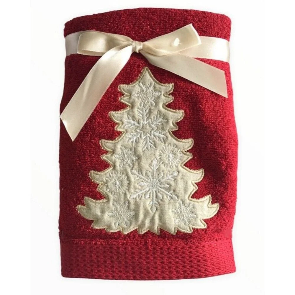 Christmas Tree Hand Towels Snowflake Appliqued Holiday Embroidered Red Set of 2